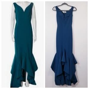 Chiara Boni La Petite Teal Off Shoulder Gown with a Ruffled Mermaid Hem